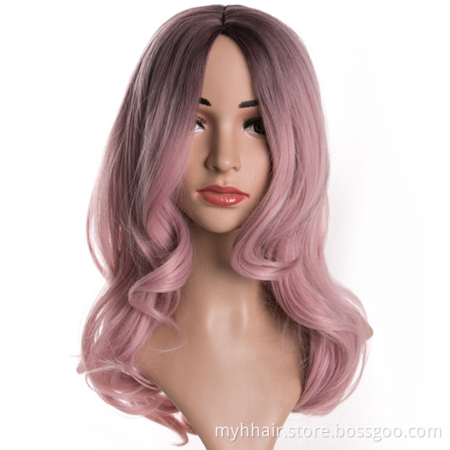 Body Wave synthetic hair Wig, High Temperature 20 inch for Women Dark Pink Afro cosplay Natural Ombre color hair wigs